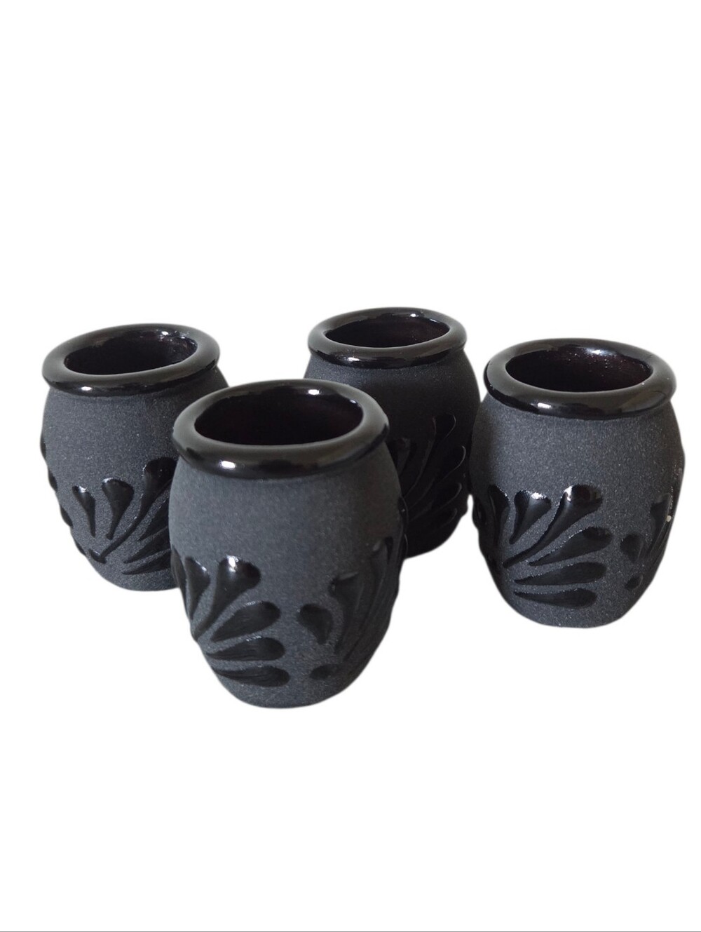 Set of 4 Black Textured Ceramic Authentic Mezcal Shot Glasses Glossy Floral